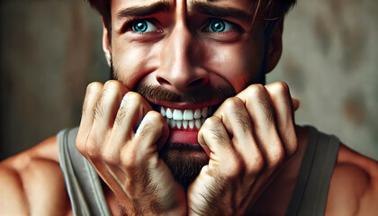 close-up of a stressed man with clenched knuckles