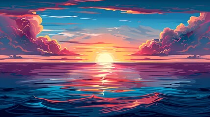 Canvas Print - A vibrant illustration of a sunset over a calm ocean with pink and orange clouds in the sky.