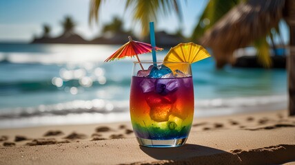 Wall Mural - Tropical Rainbow Cocktail with Paper Umbrella and Ice on Sunny Beach Island.