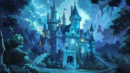 Canvas Print - A cartoon illustration of a castle at night with a starry sky.