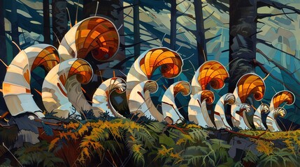 Poster -   Umbrella painting in a forest landscape with trees & grass