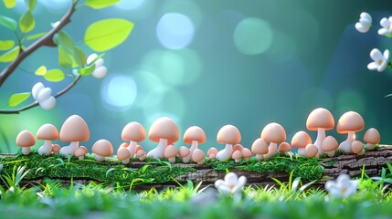 Poster -   A field of green grass, dotted with a cluster of white-capped mushrooms resting near a small, floral tree