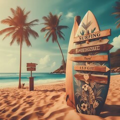 Wall Mural - Surfboard and palm tree on beach with beach sign for surfing area.