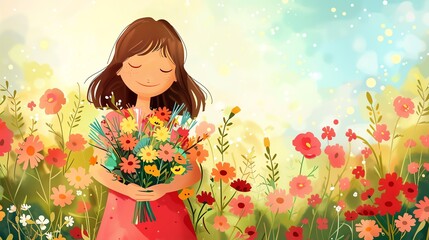 Canvas Print - A girl with brown hair and a red dress stands in a field of colorful flowers with a bright, sunny background.