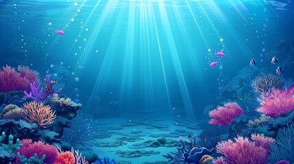 Wall Mural - A cartoon illustration of an underwater scene with colorful coral reefs and fish.