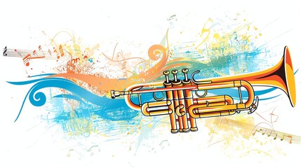 Poster - A trumpet against a colorful background of music notes and paint splatters.