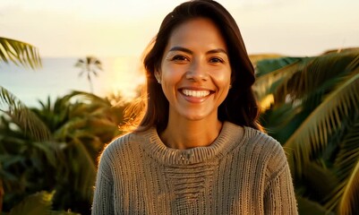 Poster - Close-up portrait video of a grinning woman in her 30s wearing a chic cardigan against a hawaiian or polynesian background