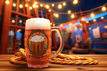 Generative ai on theme of foamy German beer in large glass mug for celebration holiday Oktoberfest