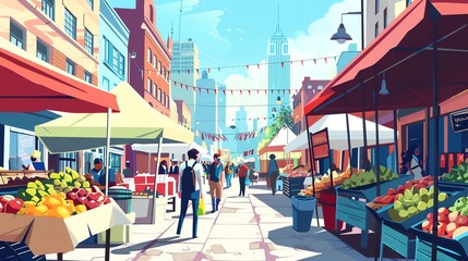 Canvas Print - A cartoon illustration of a city street market.