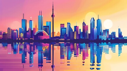 Wall Mural - A stylized cityscape with tall buildings reflecting in a body of water.