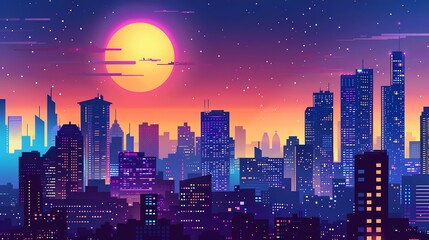 Wall Mural - a cartoon illustration of a city skyline at night, with a large moon in the sky.