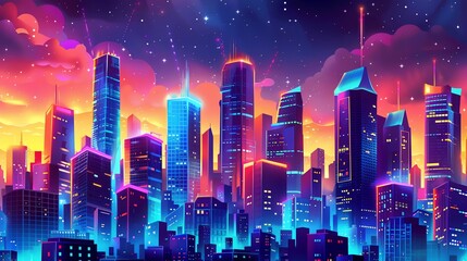 Sticker - A stylized futuristic cityscape at night with a large, bright sun in the background.