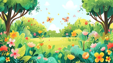 Wall Mural - A colorful cartoon illustration of a flower meadow with butterflies.