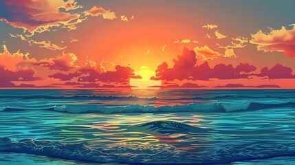 Wall Mural - A cartoon illustration of a colorful sunset over the ocean.
