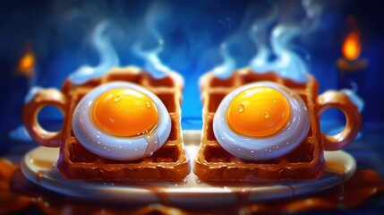 Wall Mural -   Two eggs on waffles against a blue backdrop with a candle in the center