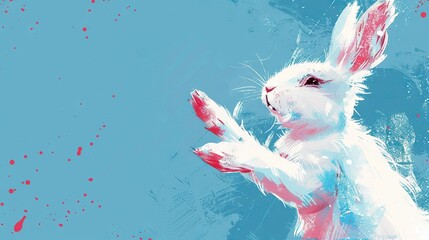 Sticker -   A White Rabbit with Red Spots on Its Ears and Tail, Standing in Front of a Blue Background