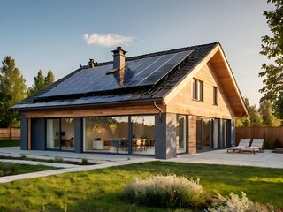 Close-up of a new suburban house with a photovoltaic system on the roof. Simple and modern environmentally friendly house with solar panels on the gable roof, with sunlight during the day