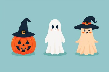 Sticker - Minimalist Halloween icon set with simple ghost, pumpkin, and witch designs, Halloween graphics, modern simplicity