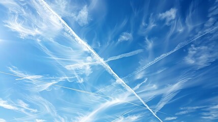 Wall Mural - A blue sky with white clouds and many contrails.