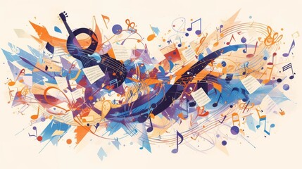 Abstract musical background with musical notes and instruments in vibrant colors, highlighting rhythm and harmony. Ideal for music and performance-themed projects.