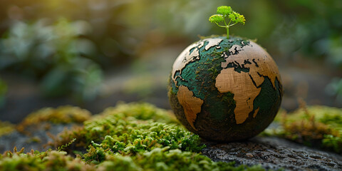 Wall Mural - Earth globe with small green plant representing growth and nature.