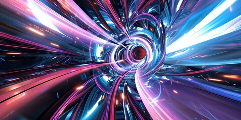 Wall Mural - A vibrant 3D illustration depicting an abstract representation of a hyper jump through space with colorful light trails in pink and blue hues creating a dynamic, energetic scene.