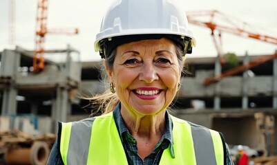 Wall Mural - Portrait of smiling mature woman construction worker in hardhat at construction site