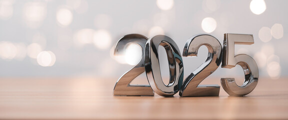 Wall Mural - luxury metallic of 2025 on table with bokeh for preparation of merry christmas and happy new year co