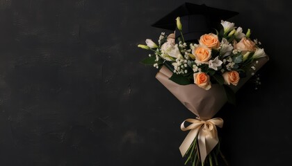 Wall Mural - Graduation cap on a bouquet of flowers against a black background.