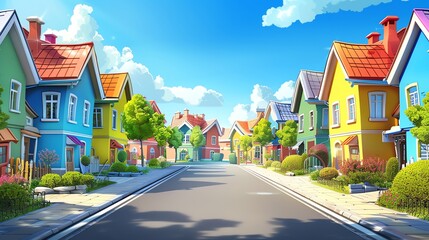 Canvas Print - A digital illustration of a street in a small town with colorful houses.