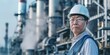 © inthasone - Senior Asian Engineer wearing glasses helmet and safety vest stands in front of an industrial power plant or factory background at the skyline, banner design for the web.