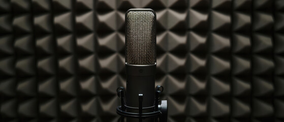 Close-up of a professional microphone in a recording studio.