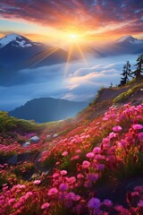 Wall Mural - Blooming meadow among mountains. High peaks and flowers. Beauty in nature.