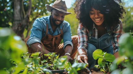 Canvas Print - A Black couple smiles as they garden together.