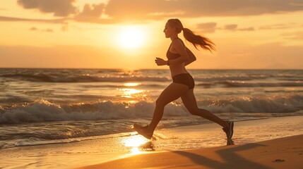 Wall Mural - A woman runs along a beach at sunset.