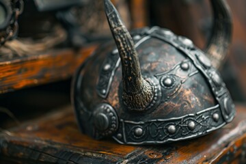 Wall Mural - Close-up of a Viking horned helmet resting on a wooden table