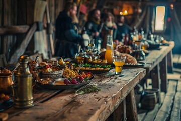 Viking feast with long wooden tables, laden with food and drink