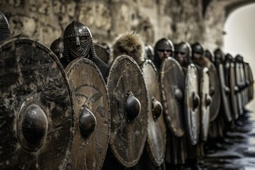 Viking shield wall, with warriors standing in formation