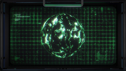 A Sci-Fi style data screen featuring a central animated holographic planet and grid with graphical data.