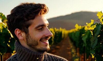 Wall Mural - Close-up portrait video of a pleased man in his 20s wearing a cozy sweater against a vineyard or winery background