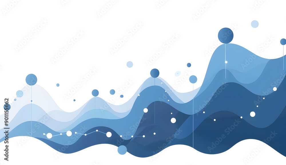Abstract blue wavy lines and dots on white background. Modern design ...