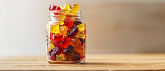 Assorted vitamin gummies in a glass jar, colorful fruity supplements, promoting daily nutrition