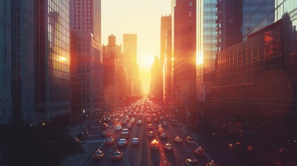 Poster - A dynamic cityscape with skyscrapers and traffic, highlighting the energy and movement of the urban environment.