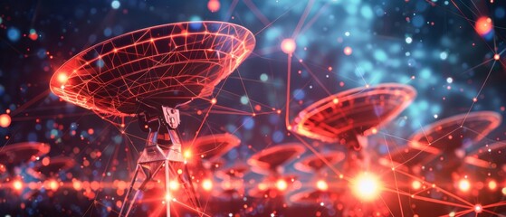 array of satellite dishes, advanced global broadcasting technology, interconnected network