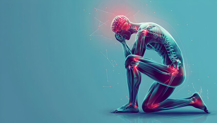 Conceptual illustration of human skeletal system and pain points, highlighting joint and neurological pain on blue background.