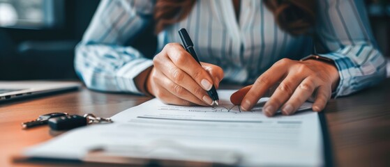 Close-up of a car loan contract being signed, keys and paperwork on the desk, representing auto financing