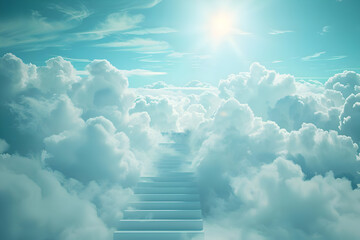 Heavenly stairway leading through fluffy clouds to a bright, shining sun in a serene blue sky, evoking feelings of peace and tranquility.