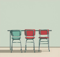 Minimalist image of three colorful chairs at a table against a light background, emphasizing simplicity and modern design.