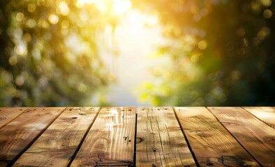 Wall Mural - A wooden table with the sun shining through the trees