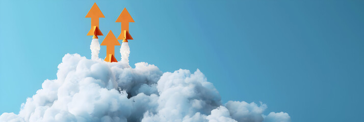 three rockets ascend above clouds with orange arrows on a blue sky background, symbolizing growth, s